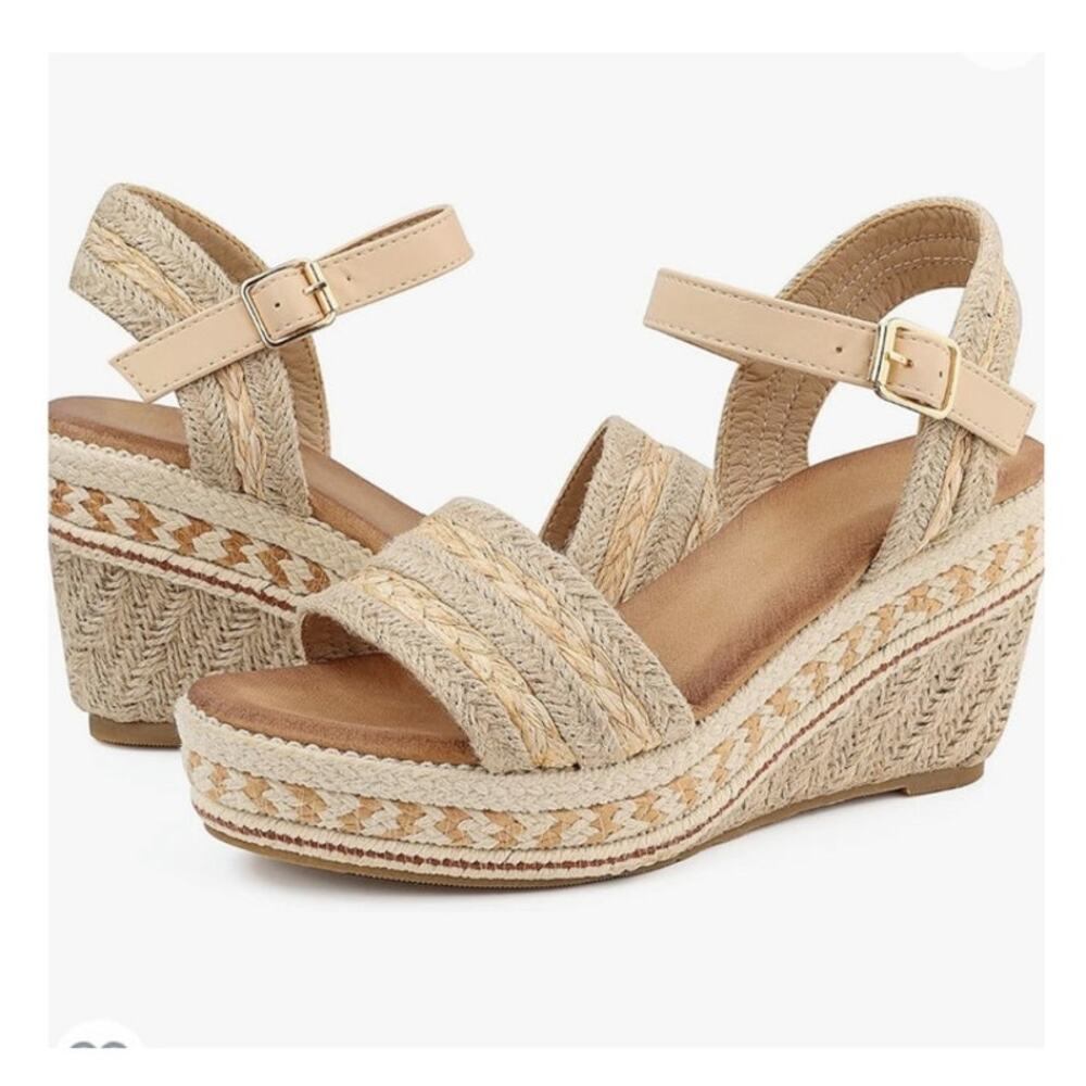 NWOT Shibever Platform Espadrille Wedge Sandals 10 Beige Boho Jute Summer Shoes